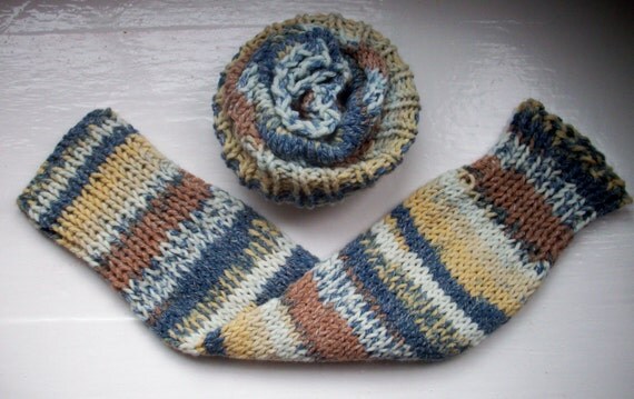 Chunky warm leg warmers, multi striped Fair Isle effect, tan, beige, grey, cream knit wool cotton mix