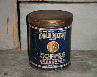 Antique Coffee Tin | Half Pound Coffee Tin | Gold Medal Brand Coffee Tin | Small Coffee Tin | Primitive Coffee Tin