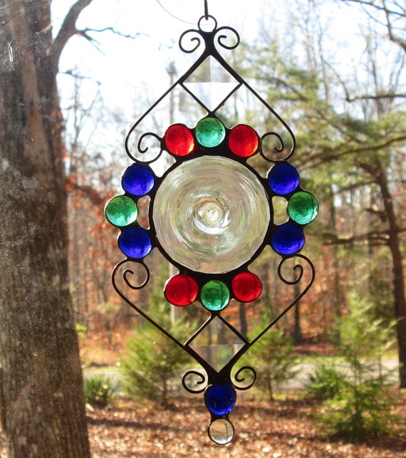 Stained Glass Suncatcher Clear Rondel Bevels with Cobalt