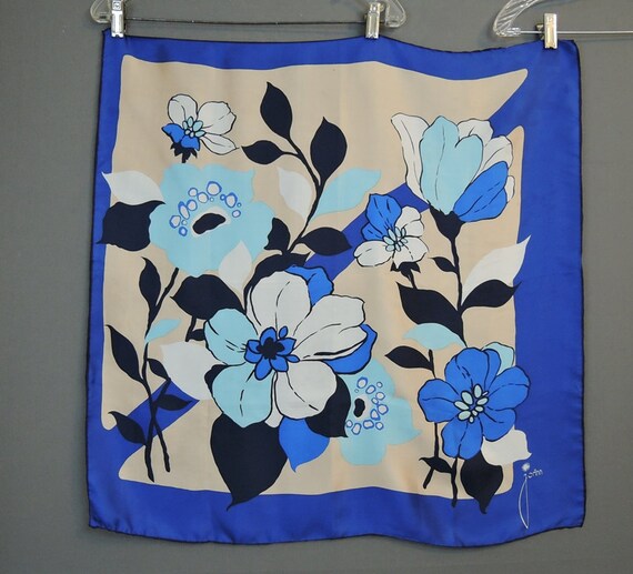 Vintage Silk Scarf by JoAnn Large Blue Floral 26x26 inches