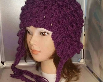Beanie with Ear Flaps, Pom-poms, Crocodile, Scales, Cosplay Hat