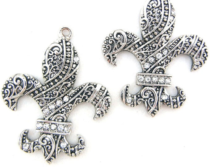 Pair Fleur de Lis Charms Antique Silver-tone Rhinestone Accent