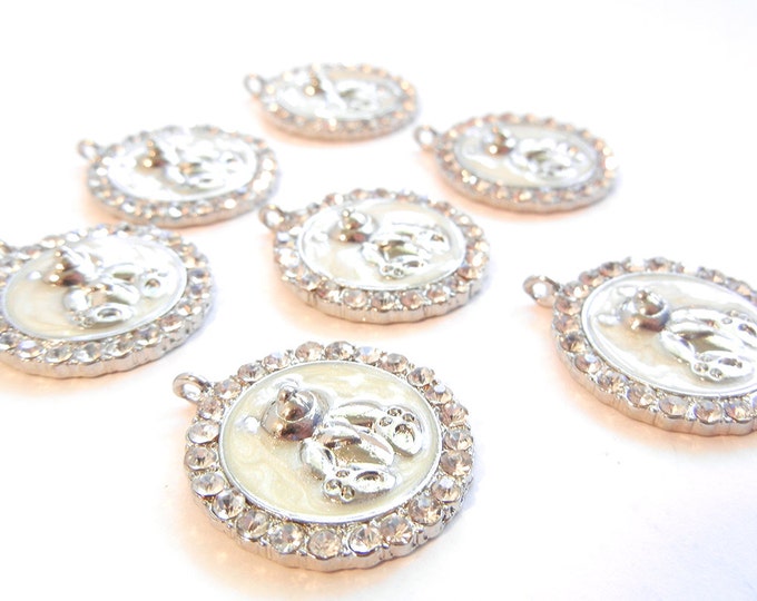 7 Round Silver-tone, White Epoxy Rhinestone Teddy Bear Charms