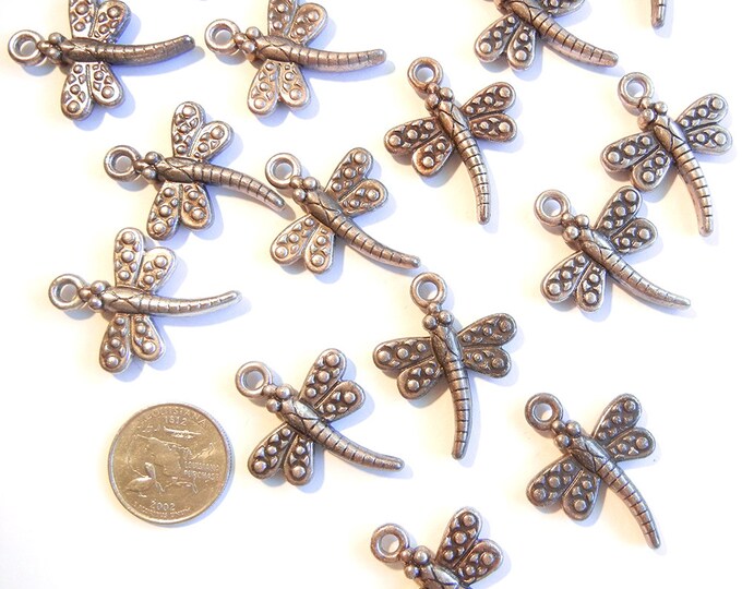 20 or 10 Pairs of Dark Silver-tone Dragonfly Charms Metallic Plastic