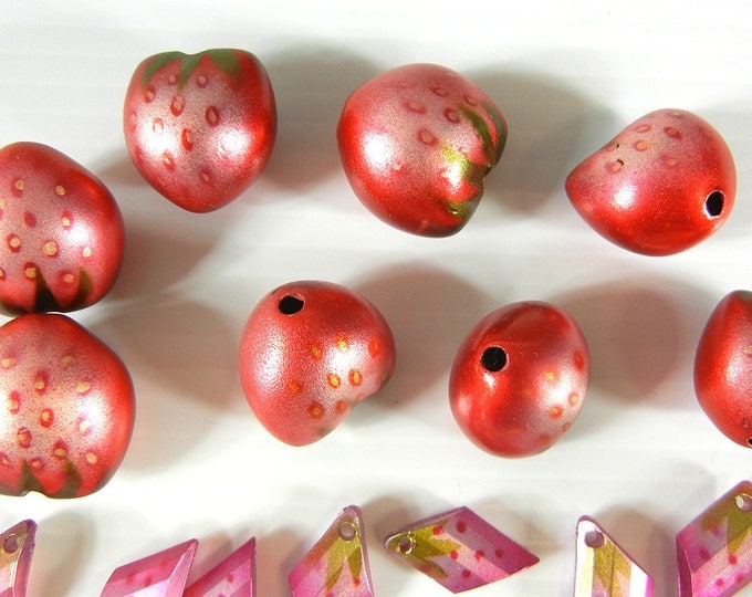 Set of 8 Dimensional Acrylic Strawberry Beads 8 Leaf Charms 8 Diamond Shaped Charms