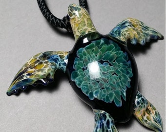 Turquoise color Sea Turtle blown glass Pendant with black choker cord or silver jewelry necklace chain// Sea Glass Series
