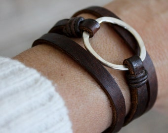 Leather Bracelet/ Eternity Symbol Bracelet/Sterling Silver Eternity Hammered Circle/Leather Wrap Bracelet/IseaDesigns
