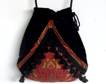 Boho Fringe Bag Black Velvet Pocket Boho Bag Tapestry Cranberry Chenille Drawstring Bag Bohemian Bag Crossbody Purse