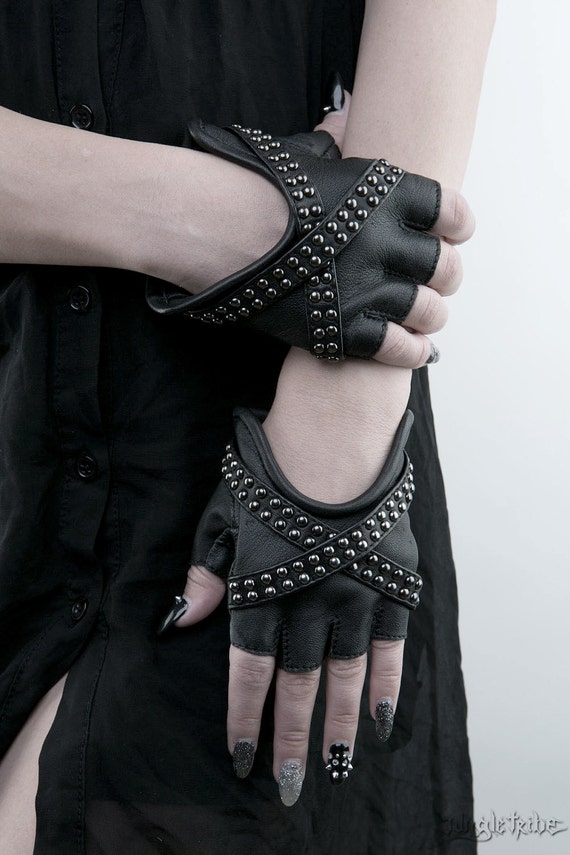 X GLAM Studded Black Leather Fingerless Gloves   Il 570xN.854060256 Ohvb 