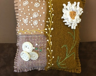 Crazy Quilt Wool Felt Pincushion...Drizzle Stitch Flower...Vintage Buttons...Embroidery Stitches...Needlework...Pincushion... Wool Felt