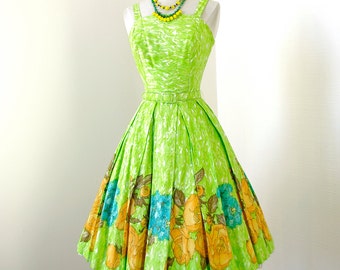vintage 1950's dress ...gorgeous hand detailed Alexander Lipton by SYDNEY GARR cotton floral watercolor full skirt pin-up dress