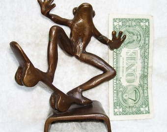 Mid Century Bronze Frog Skateboard Statue Vintage Minimalist Art Sculpture