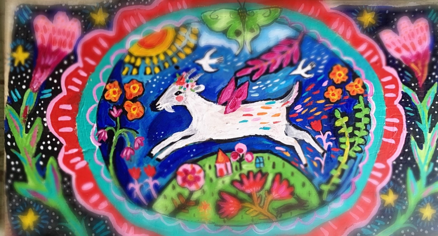 Small Folk Art Goat Painting on Wood