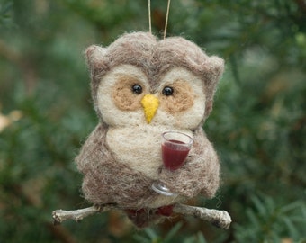 Needle Felted Owl Ornament - Thirsty for Wine