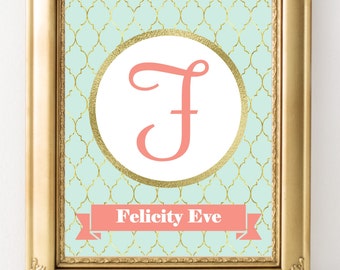 Personalized Nursery Print, Baby Girl Nursery Wall Decor, Custom Name Print, Nursery Wall Art, Girl Wall Art, Mint Coral Nursery Monogram