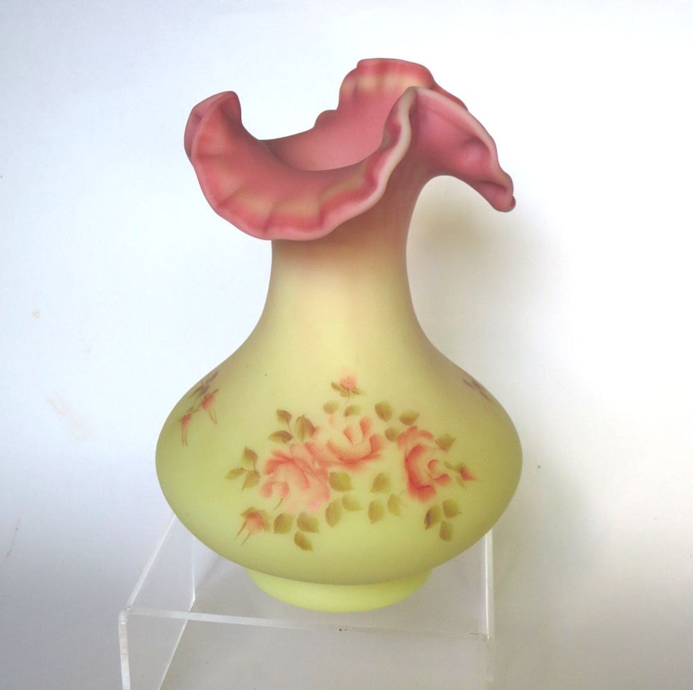 Fenton Art Burmese Glass Vase With Handpainted Roses Ruffled