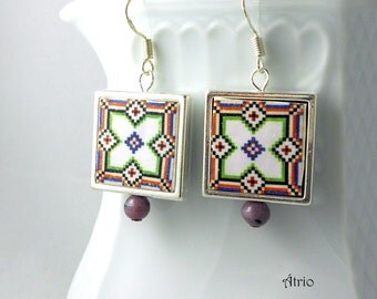 Silver Earrings Portugal Tile Azulejo Portuguese Antique FRAMED - BRAGA Geometric! (see actual Facade photo) Gift Boxed Ships from USA 676