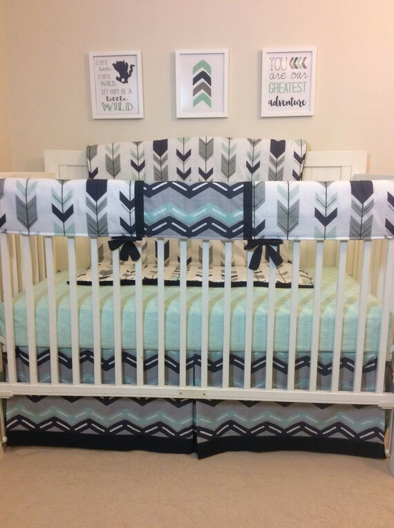 Navy Gray and Mint Arrows Crib Bedding Set by butterbeansboutique