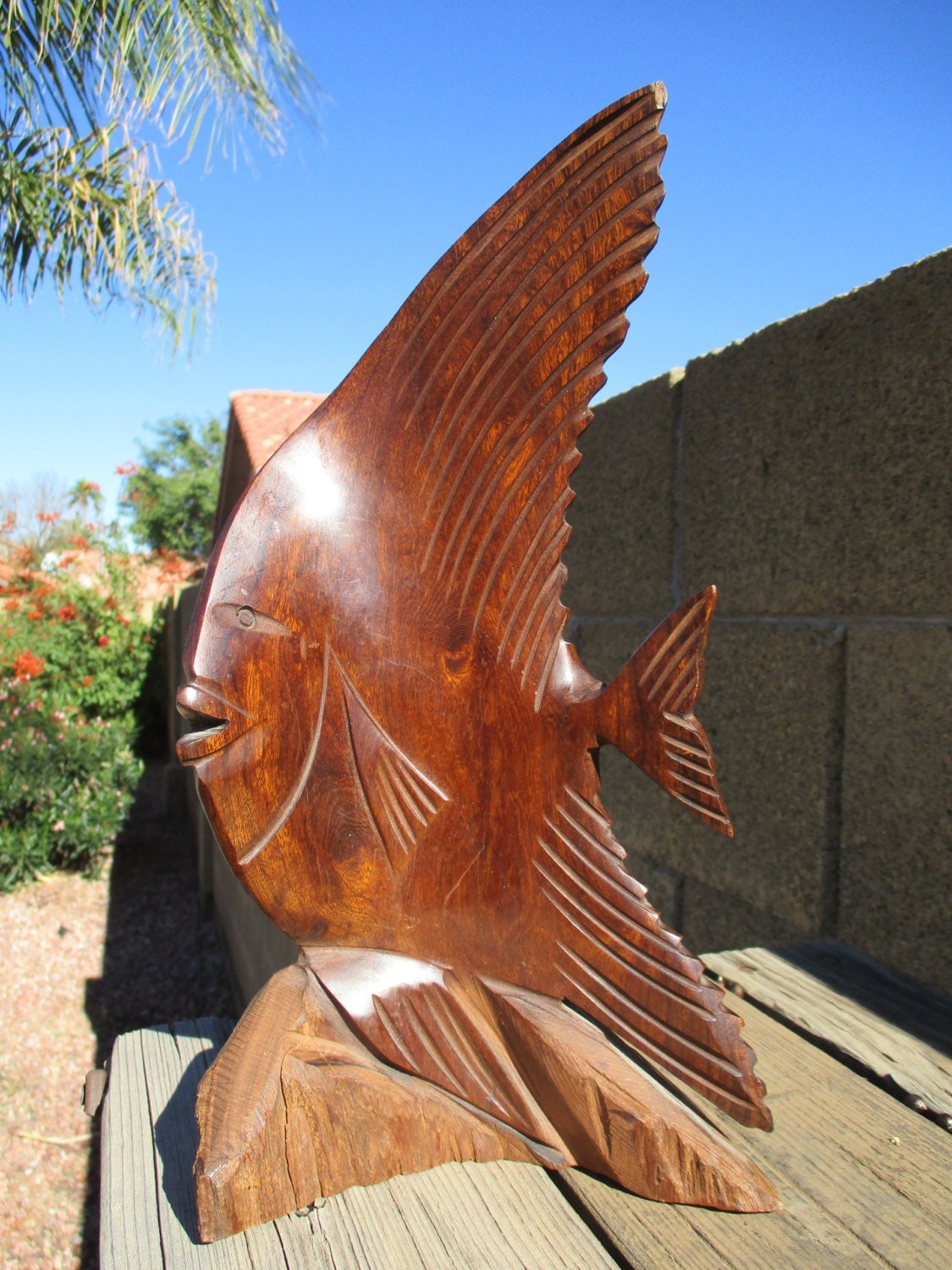 Ironwood Wood Carving Tropical Angelfish Angel Fish Sculpture