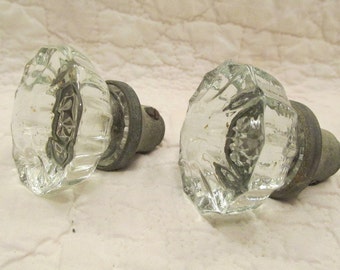 2 Antique Glass Door Knobs 12 sided