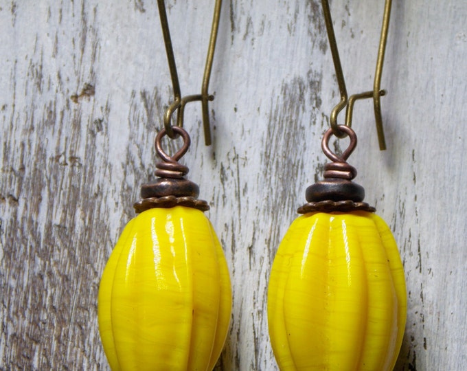 Yellow Glass Bead Earrings Long Dangle Rustic Earrings Boho Chic Earrings Copper Earrings Jewelry Mixed Metal Brass Earrings