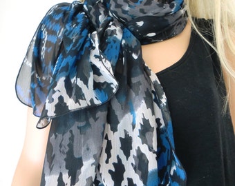 Colors of Atlantic..Extra long Blue chiffon scarf/Sea blue,marine blue,gray,black and off white....Parisian Neck Tissu