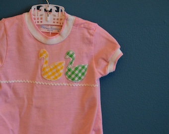 Vintage Pink Onesie with Gingham Geese - Size 6-9 Months