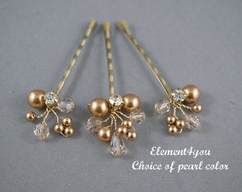 Bridal Bobby Pins, Blonde clip, Ivory Champagne hair clips, Wedding Accessories, Pearl crystals hair clips, Gold hair clips, Set of 3 clips