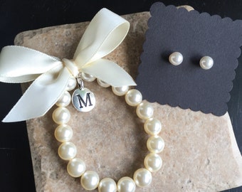 Flower Girl initial charm bracelet and earring set, personalized girls bracelet with earrings, custom made flower girl gift