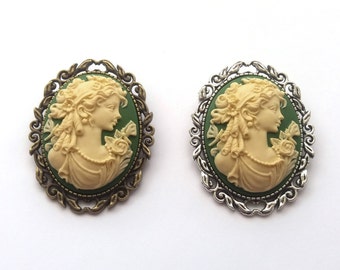 Classical Lady Green Cameo Brooch, Green and Cream, Victorian Cameo, Choose Bronze or Silver