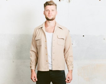 1940s Wool Jacket . Loop collar Flap Pockets Wool Jacket Beige 40s 30s Overshirt McGregor Made in USA . size Medium