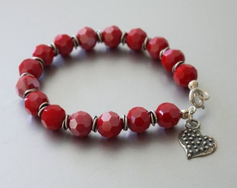 Heart Charm Bracelet, Red Glass Beads Bracelet, Charm Bracelet, Red Bracelet, Faceted Beads Bracelet, Charm Bracelet, Beaded Bracelet