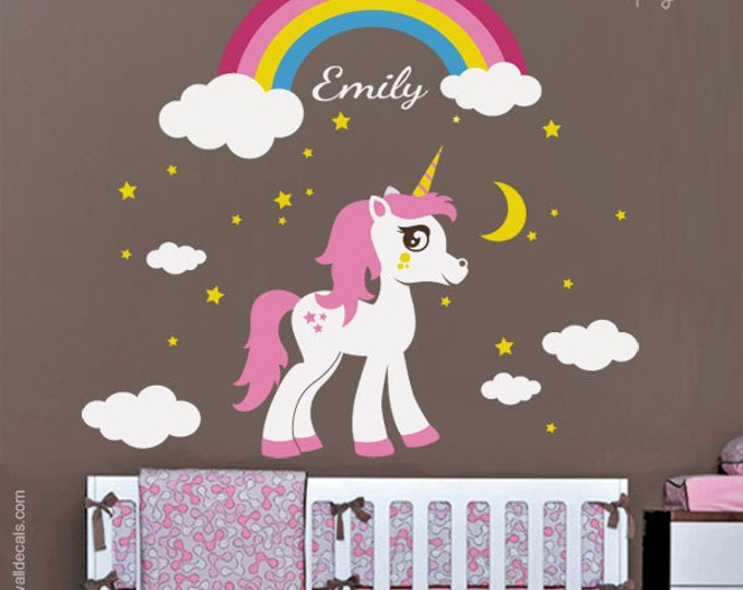 Unicorn Wall Decal, Rainbow Wall Decal, Personalized Wall Decal, Horse Pony Stars Wall Decal Sticker, Girls Room Nursery Decor