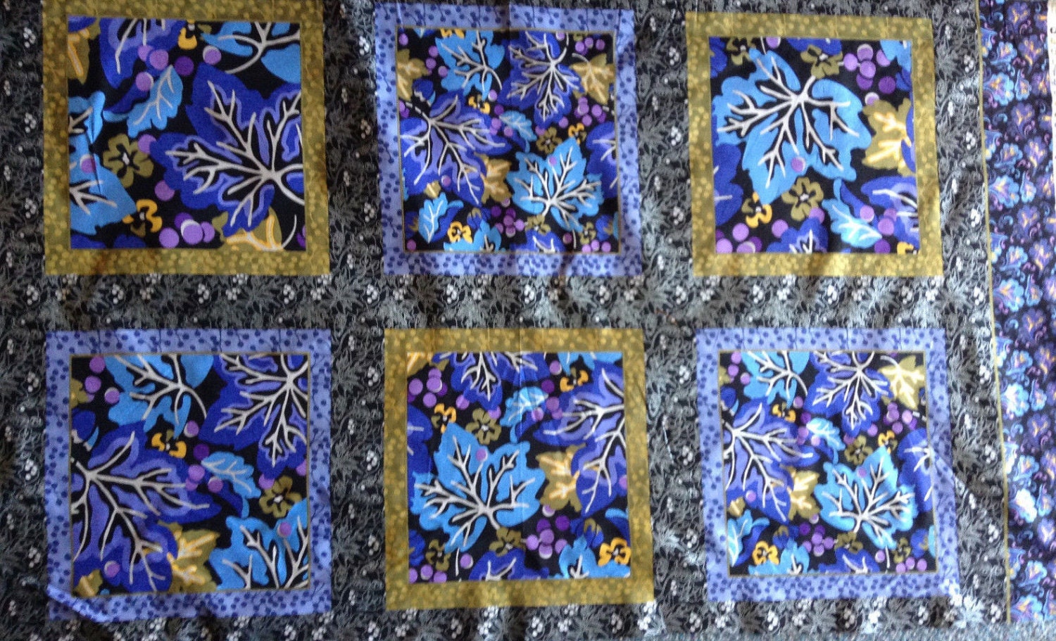 Quilt panel fabric black blue leaf metallic quilt pillow