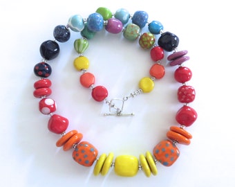 Kazuri Bead Necklace, Rainbow Colored Necklace, Fair Trade Beads, Ceramic Jewelry