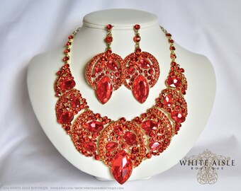 Orange Wedding Jewelry Set, Bridal Statement Necklace Earrings, Vintage Style Gold Crystal Rhinestone Necklace Earrings, Wedding Jewelry