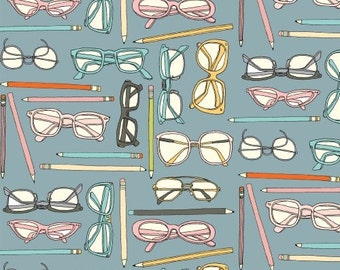 Glasses and Pencil Fabric - Type from Windham Fabrics - Full or Half Yard Eyeglasses and Pencils on Light Blue - Pink, Turquoise Glasses
