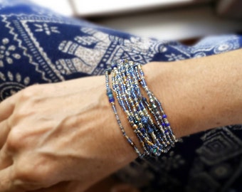 Sapphire Blues Beaded Wrap Bracelet Long Seed Bead Stretch Bracelet - September Birthstone Colors