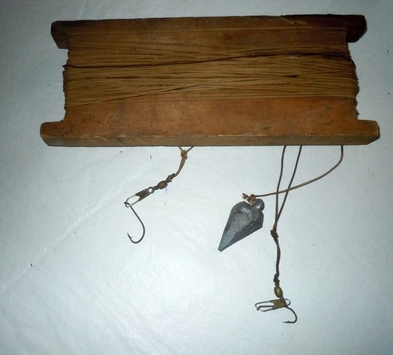 Vintage wooden Fishing wooden hand line with hooks and sinker