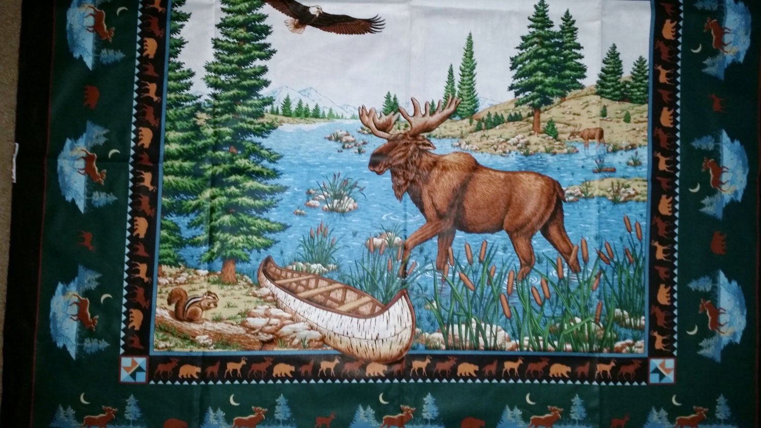 Moose fabric by the yard Quilt top wildlife canoe eagle trees