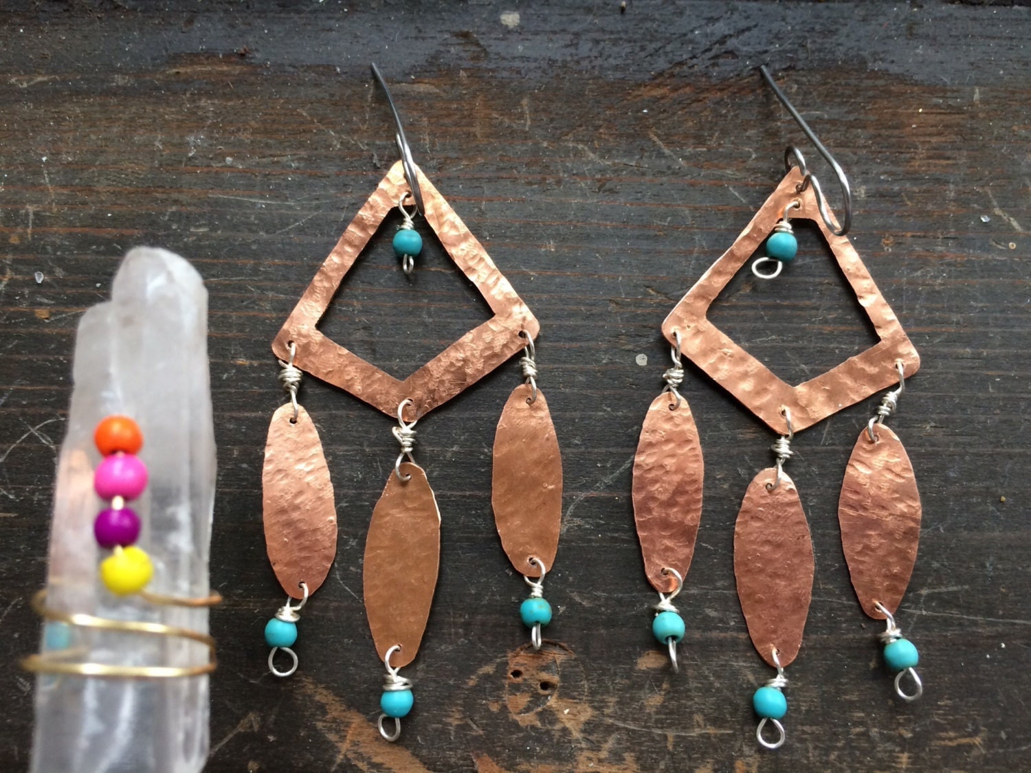 Tribal copper metal earrings beaded bohemian earrings
