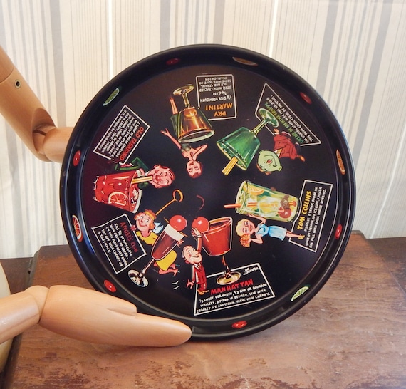 Vintage Black Cocktail Bar Tray w Colorful Drinks Recipes & Cartoon People 50's 60's
