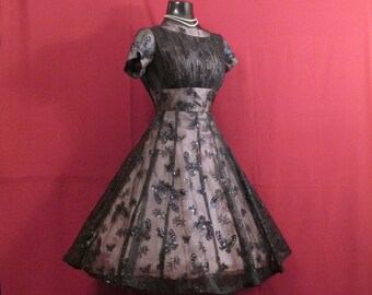 Vintage 1950s Blue Flocked Organza Gown