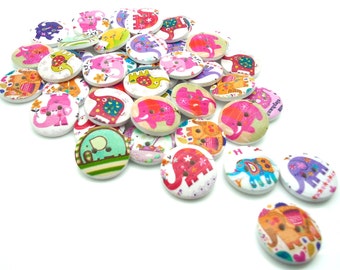 20 x Elephant wooden Buttons - Printed Colourful Buttons - Elephants - 20mm - (2)