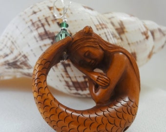 Mermaid Pendant, Hand Carved Wooden Sleeping Mermaid, Netsuke Mermaid, Wooden Mermaid, Ribbon Necklace