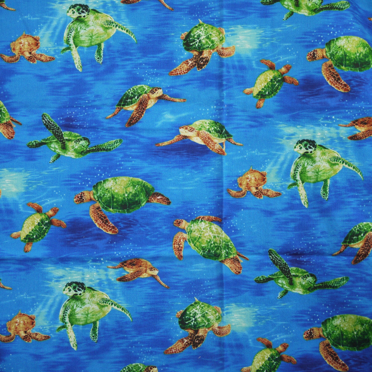 1 YARD, Brilliant Blue Green, Sea Turtles Print, Quilting or Craft