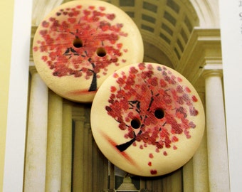 Wood Buttons - Red Tree Pattern wooden Buttons, 1.18 inch. 6 in a set