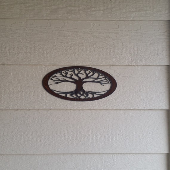 Rustic horizontal Oval Tree of Life Recycled metal art small