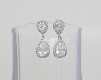 Bridal Cubic Zirconia Tear Drop Earrings, Wedding Jewelry, Stud Earrings, Silver or Rose Gold Tone, Lauren - Will Ship in 1-3 Business Days