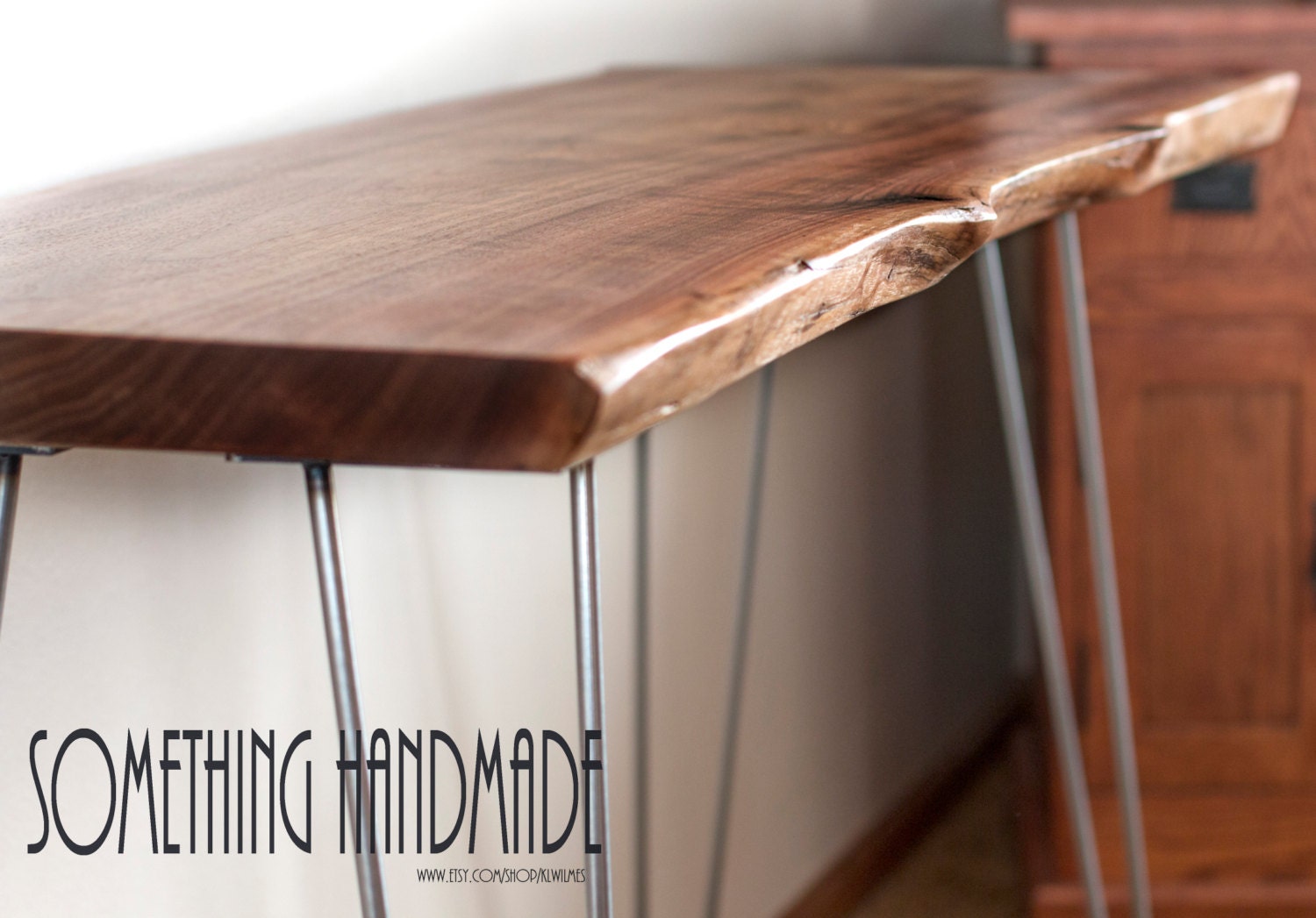 Live edge walnut desk sofa table with hairpin legs